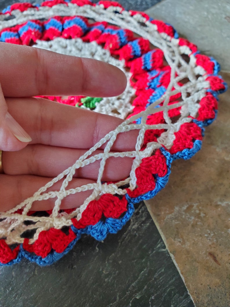 Vintage Doily Bowl Cover Crochet Rose Red, White, and Blue Shoo-Fly Cover image 4