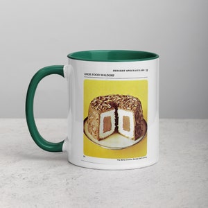 Taza Waldorf Angel Food con color en el interior - Biblioteca de tarjetas de recetas de Betty Crocker - Taza de café con libro de cocina vintage