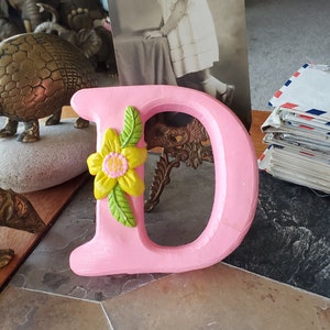 Vintage Ceramic Letter D - Nursery Decor - Pink - Yellow Flower - Handpainted - Wall Hanging Name - 1970s