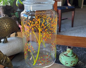 Vintage Glass Jar -  1980s - Orange and Yellow Flowers - Nostalgic Kitsch - Retro Kitchen - Canister Storage