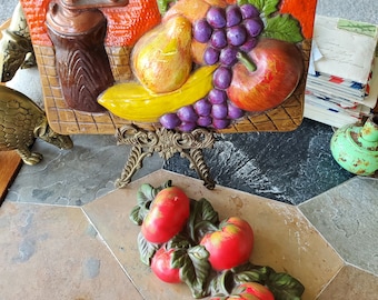 Pair of Vintage Ceramic Kitchen Decor Wall Hangers - Tomatoes - Fruit and Peppermill - Handpainted - Wall Hanging