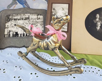Vintage Brass Rocking Horse Figurine - Pink Ribbons - Nursery Decor
