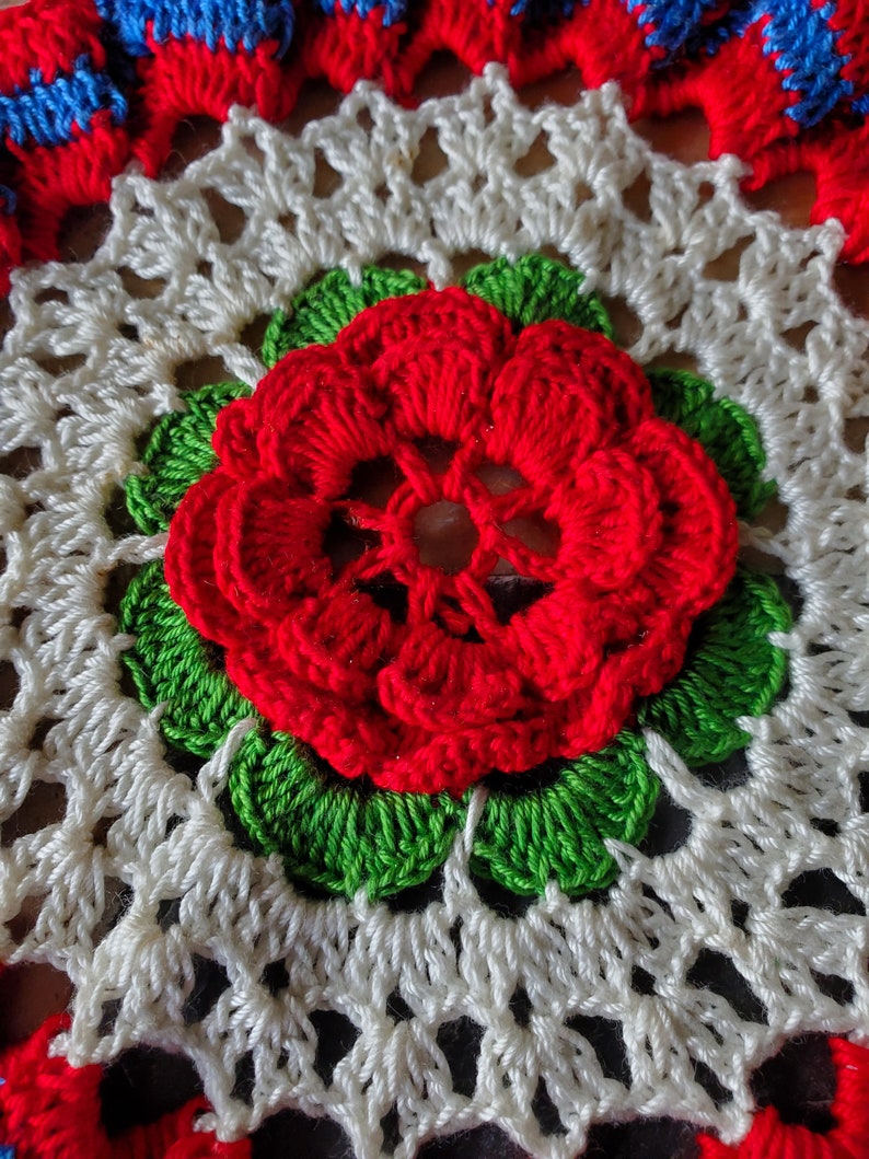 Vintage Doily Bowl Cover Crochet Rose Red, White, and Blue Shoo-Fly Cover image 8