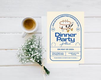 Dinner Party Invitation Template, Custom Digital Editable Template, Downloadable Birthday Party Flyer, Birthday Party Invitation