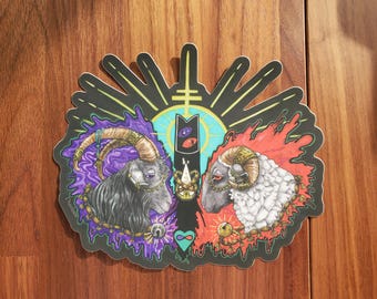 Pegatinas metálicas mate grandes de Cult of the Lamb - Woolhaven Unholy Alliance Goat Sheep