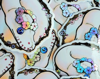 Pegatinas de corona de flores de pitón bola - Lucy de ojos azules BEL Serpiente leucística Pitón real albina Sakura Flores de cerezo Prímula Abejorro Estrella