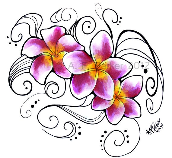 Conception De Tatouage De Fleur Frangipanier J 105 Magenta Rose Jaune Floral Illustrations Originales Livraison Gratuite