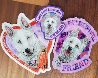 Pegatina de perro pastor blanco de BG3 Scratch: D20 holográfico, poción de salud, amigo que se mantiene sano
