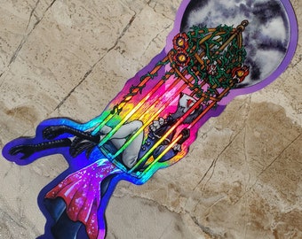 Pegatina holográfica de Stolas Helluva Boss, Ozzie's, Búho en una jaula de rosas doradas