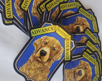Advance With Courage - Golden Retriever Chrome Metallic Waterproof Sticker - Basenji Rukuba Fire