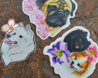 Dog Stickers - Pug Carnation Flowers Japanese Spitz Sakura Cherry Blossom Samoyed Black Orange Parti Pomeranian White American Eskimo Holo