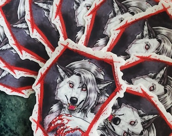 Pegatina de Loona Helluva Boss - Vinilo transparente impermeable con diseño de lobo salpicado de sangre