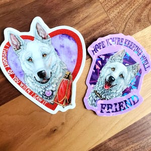 Adesivo da grattare BG3 Adesivo olografico per cani da pastore bianchi Baulder's Gate 3 DnD Spero che tu stia tenendo bene Amico Viola D20