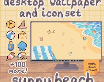 Sunny Beach Desktop Organizer: Cute Hand Drawn Pixel Art Icon & Wallpaper Pack for Windows and Mac (Digital Download)