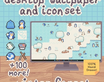 Winter Forest Desktop Organizer - Cute Hand Drawn Pixel Art Icon & Wallpaper Pack for Windows and Mac (Digital Download)