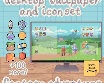 Fantasy RPG Desktop Organizer: Cute Hand Drawn  Pixel Art Icon & Wallpaper Pack for Windows and Mac (Digital Download)