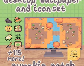 Pumpkin Patch Desktop Organizer - Cute Hand Drawn Pixel Art Icon & Wallpaper Pack for Windows and Mac (Digital Download)