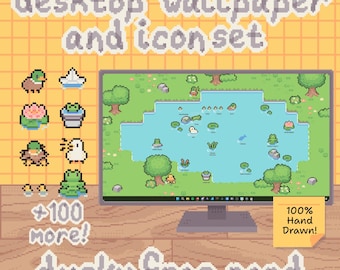 Ducky Frog Pond Desktop Organizer - Cute Hand Drawn Pixel Art Icon & Wallpaper Pack for Windows and Mac (Digital Download)