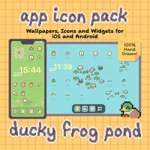 Könnte beinhalten: Digitale Grafik mit einem Telefon und einem Tablet, die ein Enten- und Froschteich-Thema zeigen. Das Bild enthält den Text "app icon pack" und "Wallpapers, Icons and Widgets for iOS and Android". Das Design ist 100% handgezeichnet.