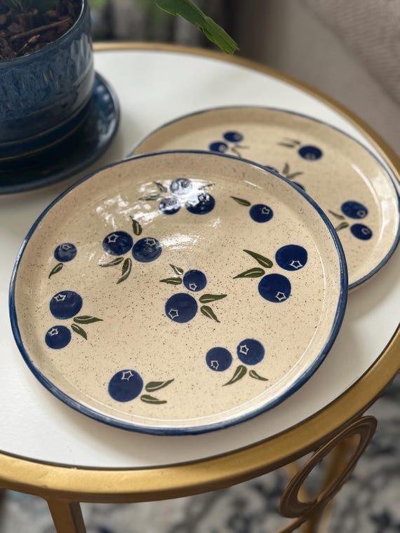 Handmade Rustic Ceramic lunch plate with hand painted blueberries: Speckled Pottery