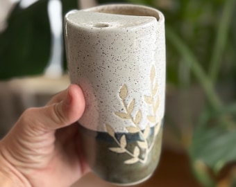 Handmade Rustic Ceramic Travel Tumbler with Spout Lid: Speckled Pottery