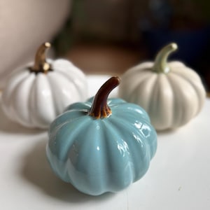 May include: Three ceramic pumpkins with glossy finishes. One is light blue with a dark brown stem, one is white with a metallic gold stem, and one is off-white with a pale green stem. Each pumpkin features vertical ridges and a rounded shape.