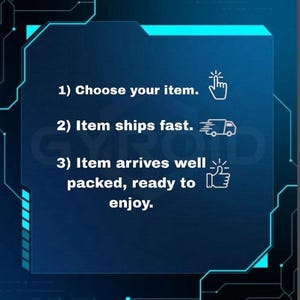 May include: A blue graphic with white text that reads: "1) Choose your item. 2) Item ships fast. 3) Item arrives well packed, ready to enjoy." The graphic has a tech-inspired design.