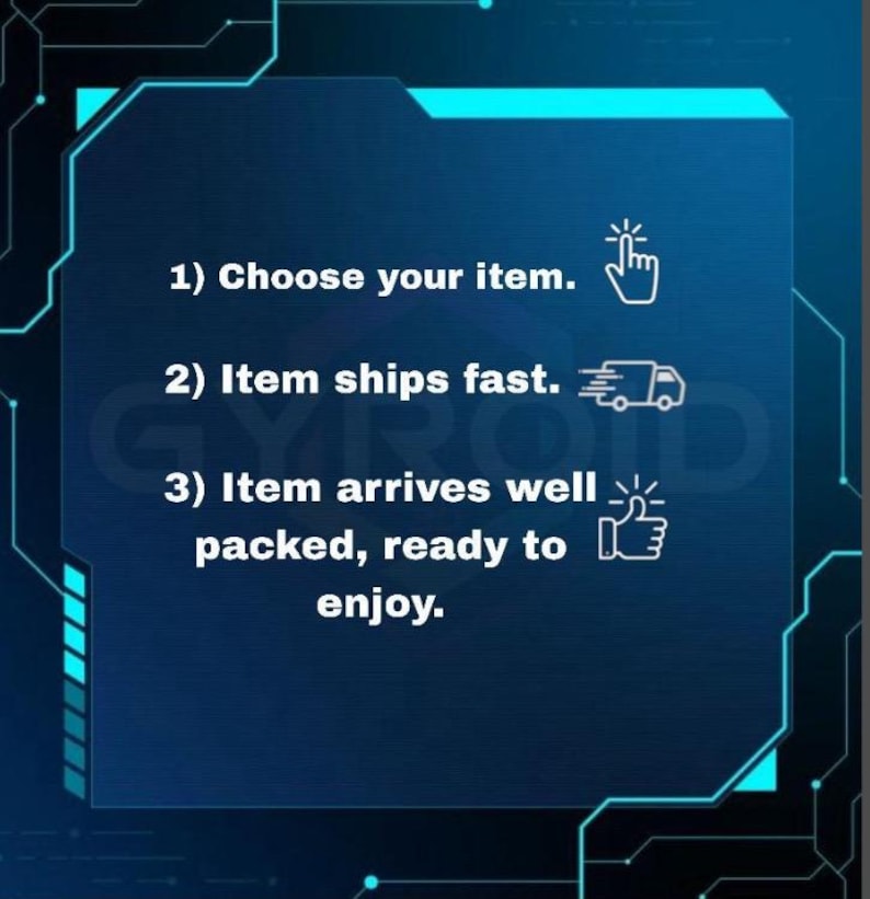 May include: A blue graphic with white text that reads: "1) Choose your item. 2) Item ships fast. 3) Item arrives well packed, ready to enjoy." The graphic has a tech-inspired design.