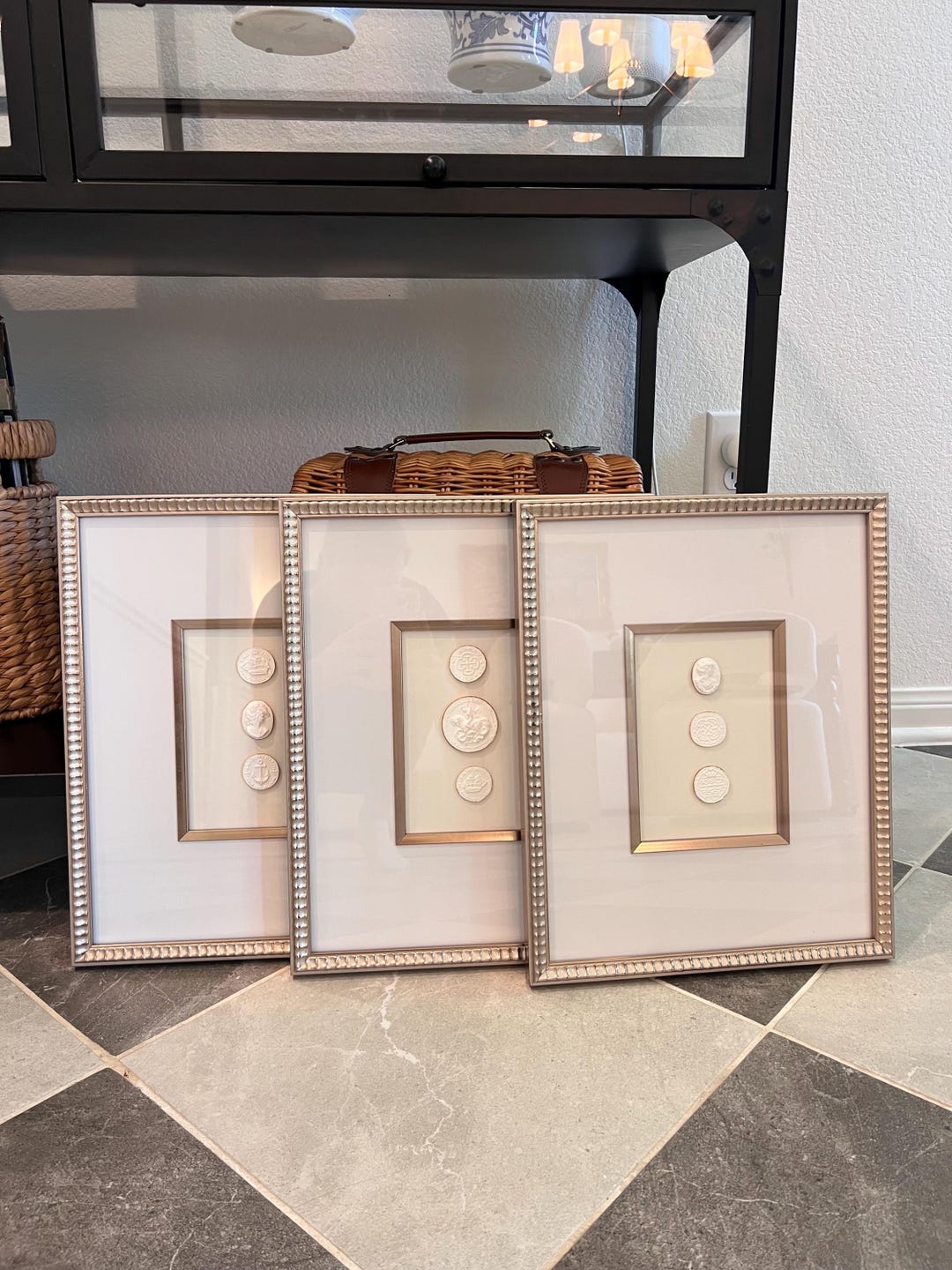 Framed Intaglio Art Set of 3 - Porcelain Intaglio - Scalloped Frame - Gold Leafing - White Background
