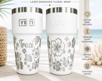 YETI 20 oz stapelbar mugg | Lasergraverad blommig sjal med personligt förnamn | 7 färgval