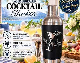 May include: A black stainless steel cocktail shaker with a silver metallic top and base. The body features a laser-engraved martini glass graphic and the text Masquelier HAPPY HOUR. It has a 20 oz capacity for mixing drinks.