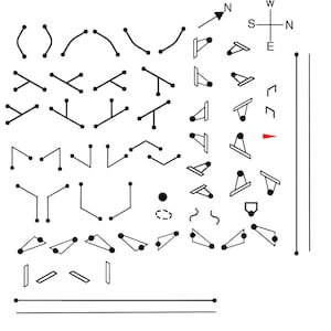 May include: A collection of black and white line drawings of various shapes and symbols. The drawings include circles, lines, triangles, squares, and other geometric shapes. Some of the drawings are simple, while others are more complex. The drawings are arranged in a grid pattern on a white background.