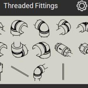 Può includere: Disegni a tratto in bianco e nero di raccordi filettati, inclusi gomiti e giunti. I raccordi sono progettati per applicazioni idrauliche o industriali. Il testo "Threaded Fittings" è visibile in alto.