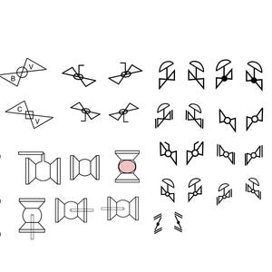 May include: A collection of black and white line drawings of various symbols and shapes, including valves, gears, and abstract designs. Some of the symbols have letters inside them, such as "B", "V", and "C".