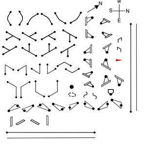 May include: A collection of black and white line drawings of various shapes and symbols. The drawings include circles, lines, triangles, squares, and other geometric shapes. Some of the drawings are simple, while others are more complex. The drawings are arranged in a grid pattern on a white background.