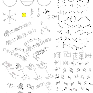 Könnte beinhalten: Ein technisches Konstruktionsdiagramm mit schwarz-weißen Strichzeichnungen von industriellen Rohrleitungskomponenten, Ventilen und Flusssymbolen. Das Bild enthält isometrische Rohrleitungsbaugruppen, eine Windrose, einen gelben Kreis mit dem Buchstaben E sowie verschiedene schematische Symbole für Flüssigkeitssteuerungssysteme, die in einem Raster angeordnet sind.