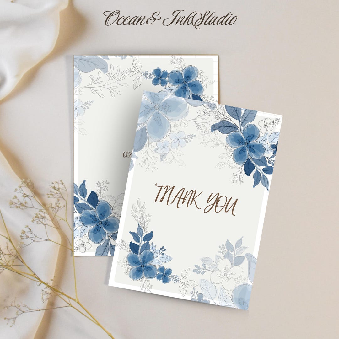 Blue Floral Thank You Card Template · Elegant Wedding Thank You Card ...