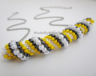 Thyroid Neck Scar Cover Necklace in White, Yellow and Gray / Beaded Spiral Tube Pendant / Adjustable Seed Bead Jewelry