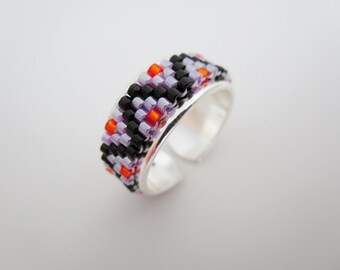 Adjustable Black, Violet and Orange Beaded Peyote Ring / Seed Bead Jewelry