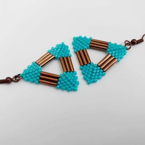 Peyote Triangle Earrings in Brown and Turquoise / Seed and Bugle Bead Jewelry image 5