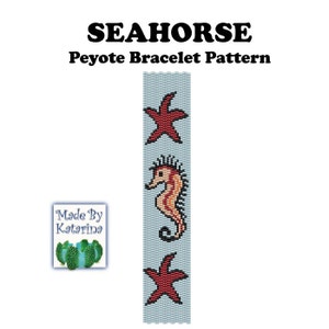 May include: A beaded bracelet pattern with a seahorse and starfish design. The pattern includes a seahorse in shades of orange and brown, and two red starfish on a light blue background. The text "SEAHORSE Peyote Bracelet Pattern" is at the top.