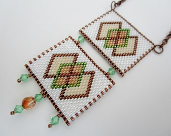 Beaded Peyote Squares Pendant / Copper Chain Necklace / Seed Bead Jewelry