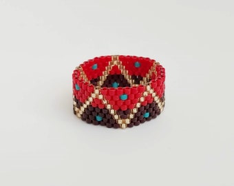 Beaded Peyote Ring / Seed Bead Jewelry in Red, Brown, Gold and Turquoise / Size 8 Ring / Gifts Under 20