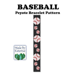 Könnte beinhalten: Ein Peyote-Stich-Armbandmuster mit Baseball-Motiven. Das Muster ist schwarz, weiß und rot. Der Text "BASEBALL Peyote Bracelet Pattern" befindet sich oben im Bild. Der Text "Made By Katarina" befindet sich in einem Kasten unten links im Bild.