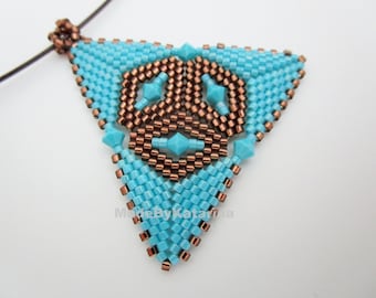 Beaded Peyote Triangle Pendant / Seed Bead Necklace in Blue and Brown