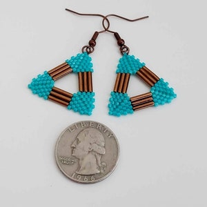 Peyote Triangle Earrings in Brown and Turquoise / Seed and Bugle Bead Jewelry image 2