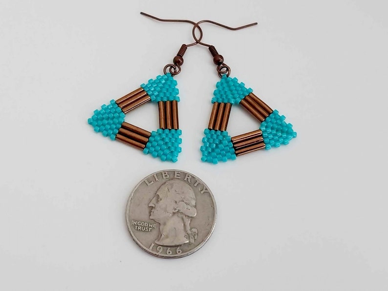 Peyote Triangle Earrings in Brown and Turquoise / Seed and Bugle Bead Jewelry image 2