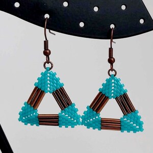 Peyote Triangle Earrings in Brown and Turquoise / Seed and Bugle Bead Jewelry image 9