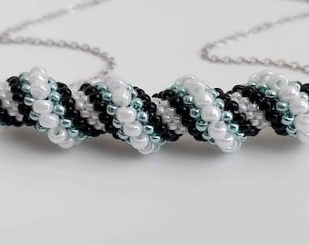 Adjustable Thyroid Neck Scar Cover Necklace in Black, White and Metallic Teal Green / Beaded Spiral Tube Pendant / Seed Bead Jewelry