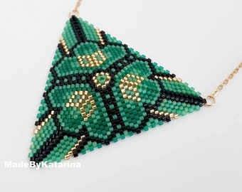 Beaded Peyote Triangle Pendant in Green, Gold and Black / Shamrock Clover Necklace